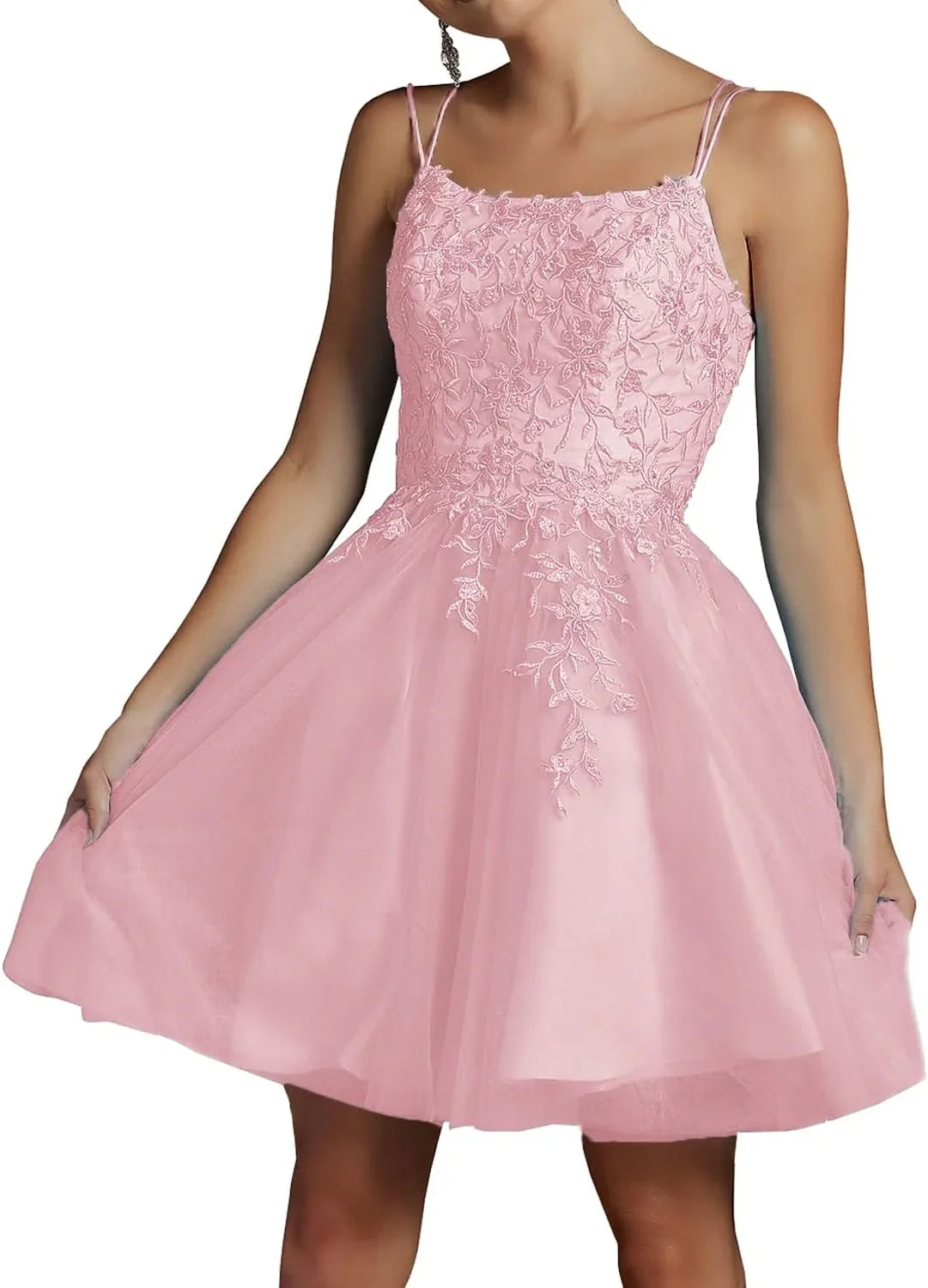 Vestidos de Tule con Encaje y Abalorios para el Baile de Regreso a Casa, Vestido Corto de Fiesta con Escote Cuadrado y Tirantes Espagueti