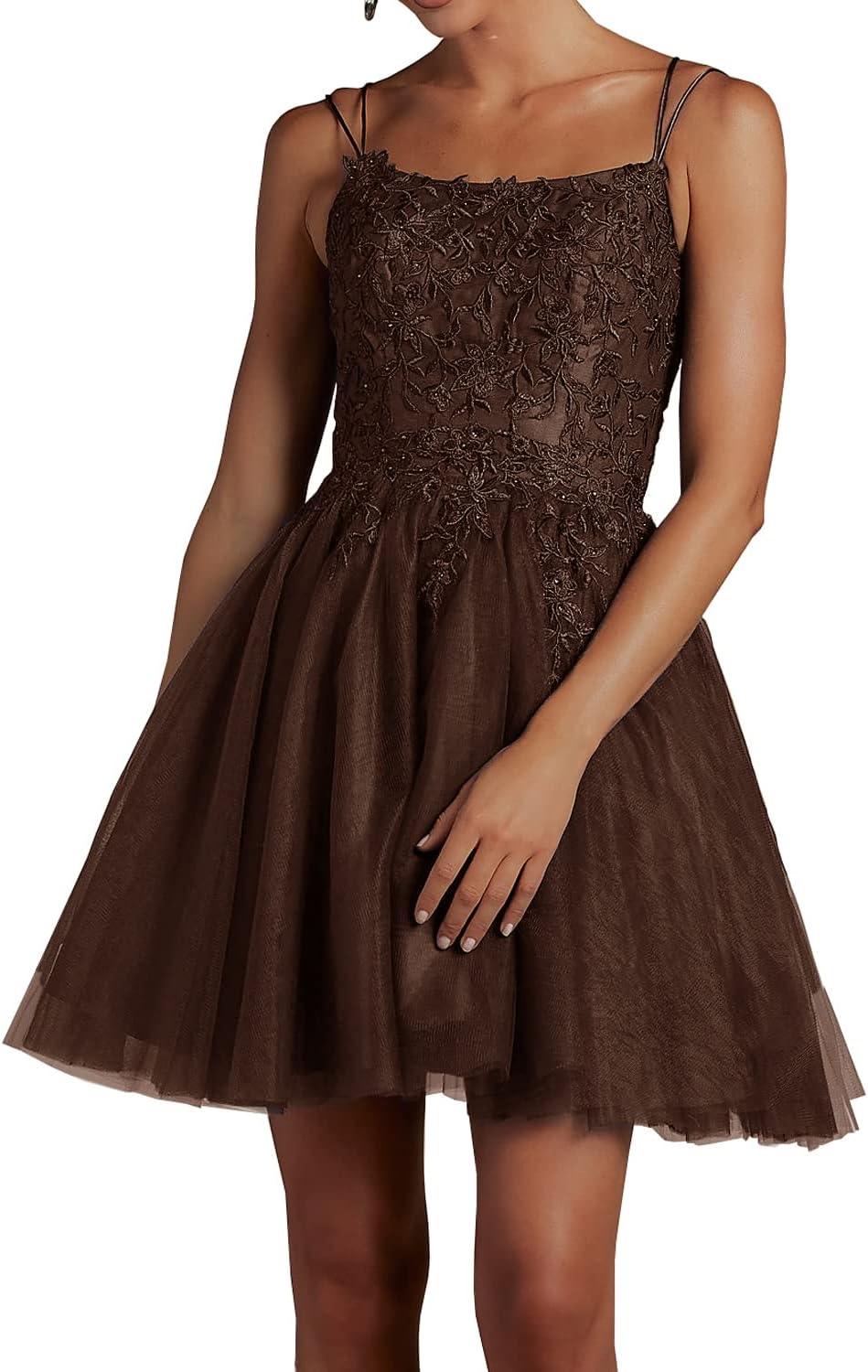 Vestidos de Tule con Encaje y Abalorios para el Baile de Regreso a Casa, Vestido Corto de Fiesta con Escote Cuadrado y Tirantes Espagueti