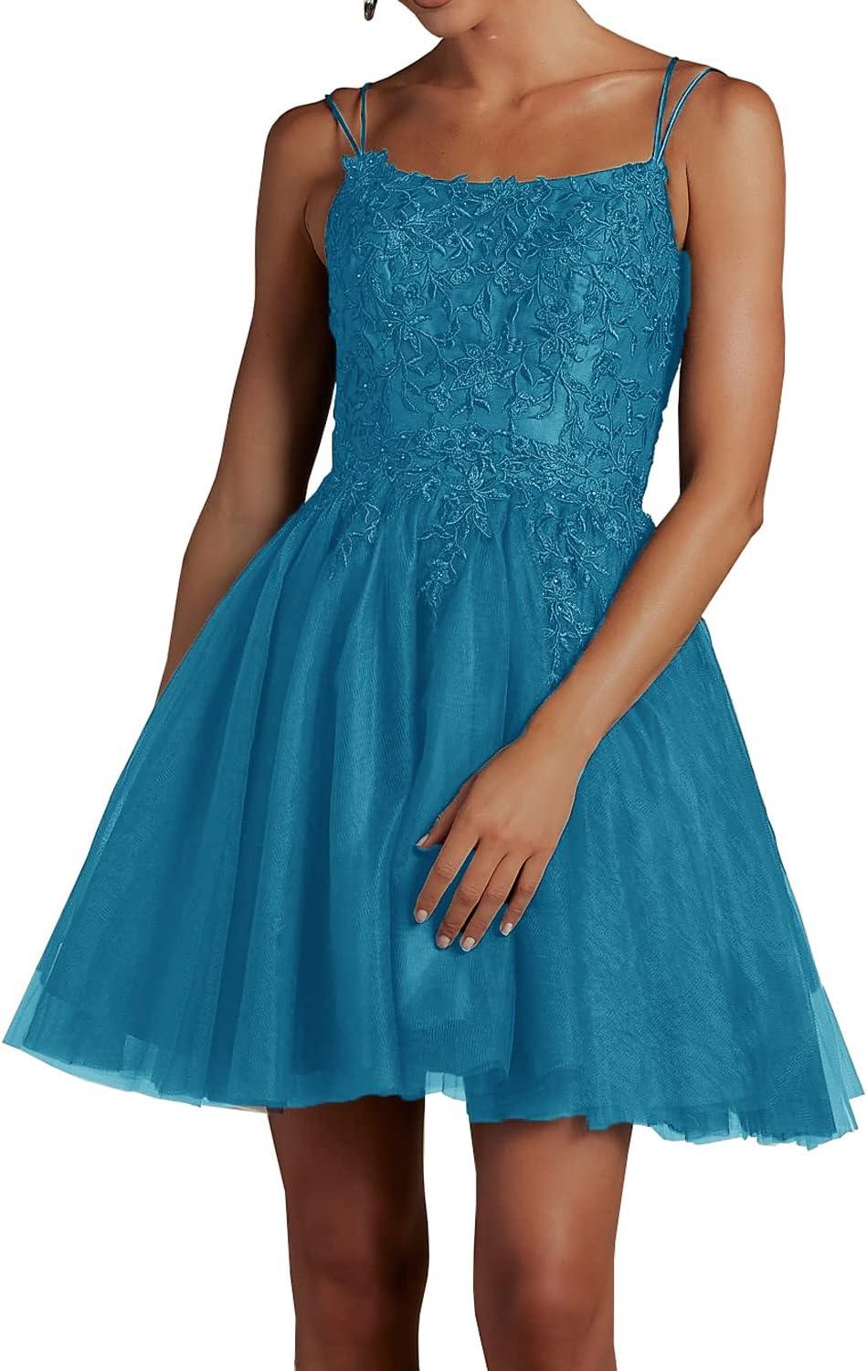 Vestidos de Tule con Encaje y Abalorios para el Baile de Regreso a Casa, Vestido Corto de Fiesta con Escote Cuadrado y Tirantes Espagueti