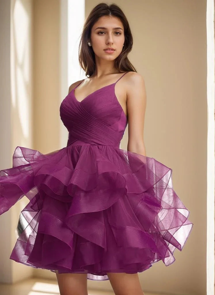 Vestido de Fiesta Formal con Cuello en V y Falda de Tul con Volantes Acampanados para el Baile de Bienvenida