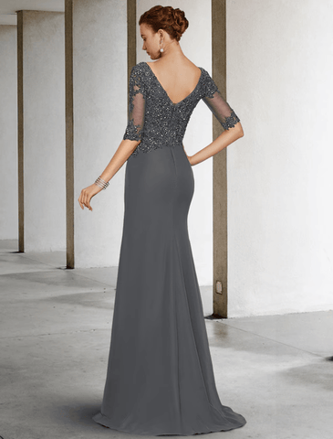 Meerjungfrau/Trompete Kleid für die Brautmutter, Vintage, elegant, V-Ausschnitt, Schleppe, Chiffon, Tüll, halbe Ärmel mit Applikationen, seitlich drapiert