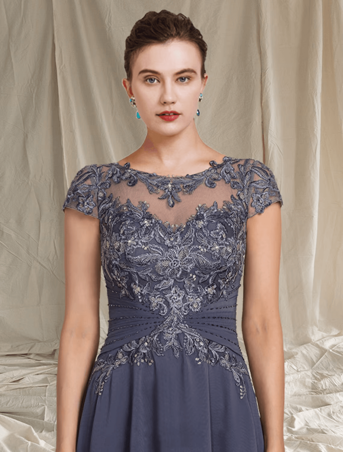 Vestido de mãe da noiva em duas peças, corte A, formal, para convidada de casamento, elegante, decote redondo, assimétrico, comprimento chá, chiffon, renda, manga curta, com aplicações de missangas