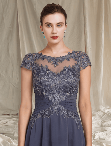 Zweiteiliges A-Linien-Kleid für die Mutter der Braut, formeller Hochzeitsgast, eleganter U-Ausschnitt, asymmetrische Wadenlänge, Chiffon-Spitze, kurze Ärmel, Wickelkleid inklusive Perlenapplikationen