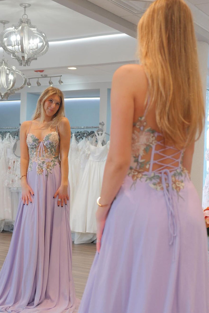 Lilac Sweetheart Chiffon Long Prom Dresses with Appliques
