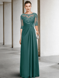 Etuikleid/Säulenkleid für die Brautmutter, Übergröße, elegant, Rundhalsausschnitt, bodenlang, Chiffon, Spitze, kurze Ärmel mit Applikationen, seitlich drapiert