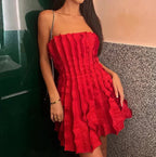 Trägerloses Rotes Rüschenkleid A-Linie Abschlussballkleid Mini Ballkleid Y8004