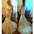 Abiti da Sposa Affascinanti con Scollo a V, Manica Tre Quarti, Coda a Sirena, Lungo Strascico in Pizzo e Schiena Aperta. DB0081
