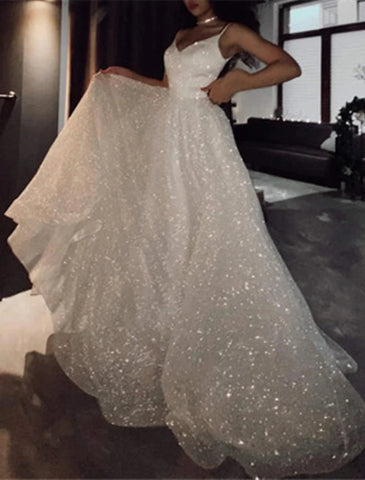 Glitzerndes Kleid für Hochzeit, Party, Geburtstag, Hofschleppe, ärmellos, Spaghettiträger, Tüll mit Pailletten, Ballkleider