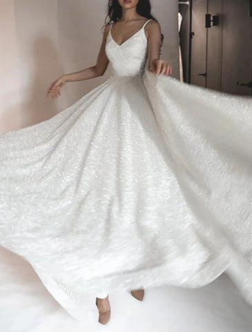 Glitzerndes Kleid für Hochzeit, Party, Geburtstag, Hofschleppe, ärmellos, Spaghettiträger, Tüll mit Pailletten, Ballkleider