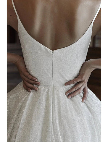 Glitzerndes Kleid für Hochzeit, Party, Geburtstag, Hofschleppe, ärmellos, Spaghettiträger, Tüll mit Pailletten, Ballkleider