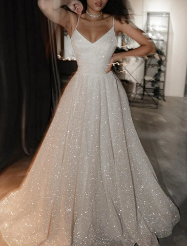 Glitzerndes Kleid für Hochzeit, Party, Geburtstag, Hofschleppe, ärmellos, Spaghettiträger, Tüll mit Pailletten, Ballkleider