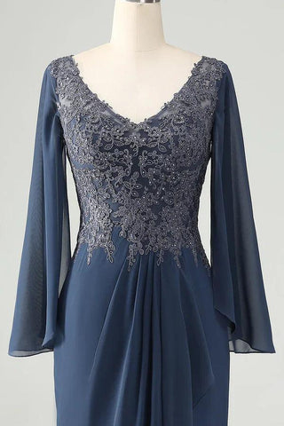 Kleid für die Brautmutter, glitzernd, Meerjungfrau, V-Ausschnitt, Perlenbesetzt, mit Applikationen