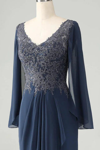 Kleid für die Brautmutter, glitzernd, Meerjungfrau, V-Ausschnitt, Perlenbesetzt, mit Applikationen