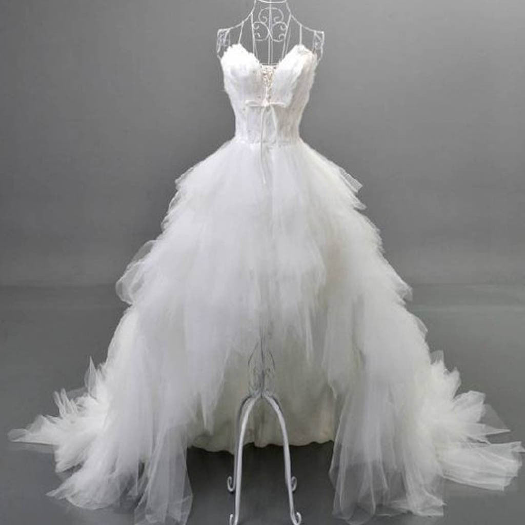 Vestidos de noiva estilo único, decote alto e baixo, com alças finas, penas brancas, renda, tule, folhos, WD0067
