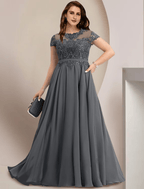 Vestido de mãe da noiva plus size, elegante, com decote em joia, comprimento até ao chão, em chiffon e renda, manga curta com pregas e lantejoulas