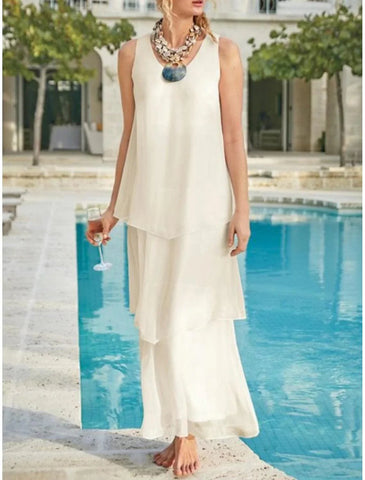 Kleid für die Mutter der Braut, Hochzeitsgast, elegant, schlicht, V-Ausschnitt, knöchellang, Chiffon, ärmellos, einfarbig