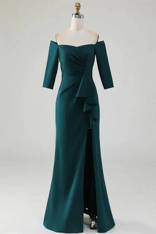 Kleid für die Brautmutter, Meerjungfrau, schulterfrei, kaskadierendes Rüschenkleid mit Schlitz