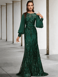 Meerjungfrau/Trompete Kleid für die Mutter der Braut, Hochzeitsgast, elegant, funkelnd und glänzend, Juwelenhalsausschnitt, Schleppe, Chiffon, Pailletten, lange Ärmel mit Paillettenapplikationen
