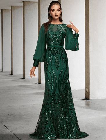 Meerjungfrau/Trompete Kleid für die Mutter der Braut, Hochzeitsgast, elegant, funkelnd und glänzend, Juwelenhalsausschnitt, Schleppe, Chiffon, Pailletten, lange Ärmel mit Paillettenapplikationen