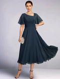 Elegante vestido de cerimónia com decote em V e comprimento chá em chiffon, manga 3/4 e cor sólida para mãe da noiva