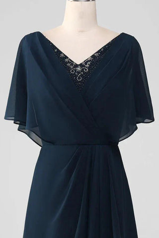 Kleid für die Brautmutter, A-Linie, V-Ausschnitt, asymmetrisch, Pailletten mit Perlenbesatz