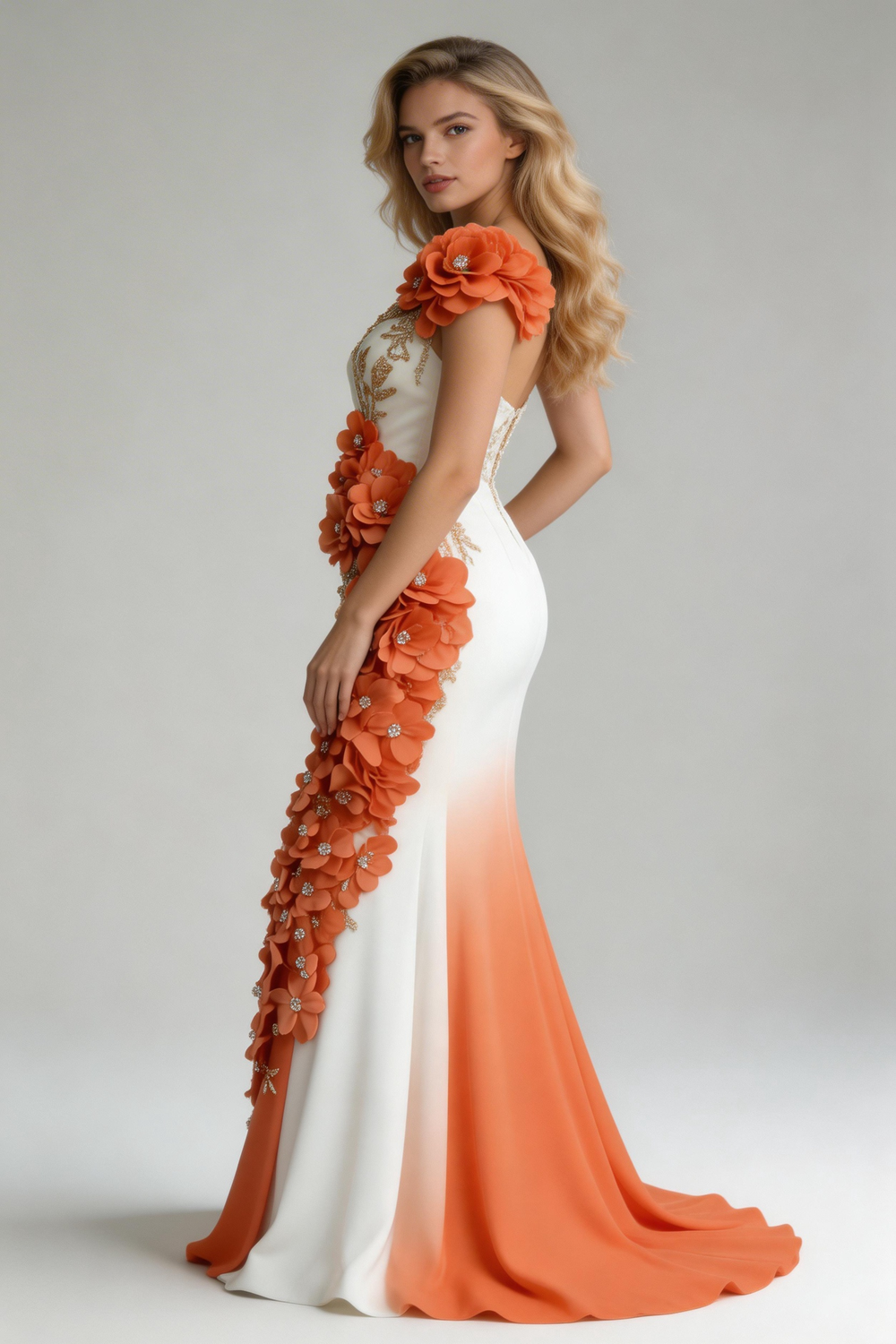 Classy Peony Flower Appliques Chiffon Mermaid Prom Dress Evening Dress Y8567