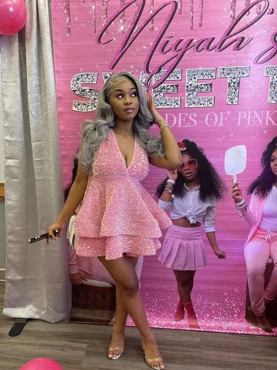 Glitzernde Cocktailkleider mit Halterneck und Pailletten Rosa A-Linien Homecoming-Kleid Y4245