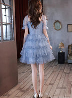 Blaues Kurzschicht-Tüll-Abendkleid Blaues Trägerloses Homecoming-Kleid Partykleid Y1975