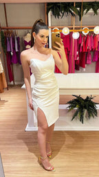 Vestido de Festa Branco Sem Alças com Fenda Lateral Vestido Branco para Baile de Finalistas Y4843