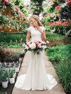 Vestidos de noiva compridos, sensuais, com decote em V, sereia, manga curta, com atilhos nas costas, DB10681