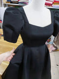 Damen Retro-Schwarz Puffärmel-Midi-Kleid mit Eckigem Kragen A-Linie Abschlussballkleid Y4960