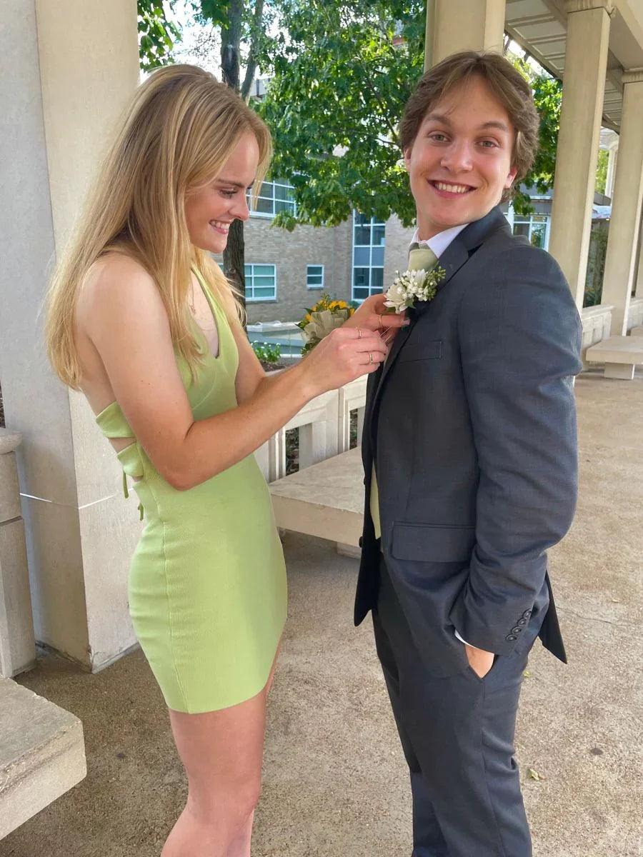 Hellgrünes Homecoming-Kleid mit V-Ausschnitt, sexy Partykleid Y2655