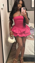 Rosa trägerlos Sexy Rüschen Kurzes Partykleid Homecoming-Kleid Y7705