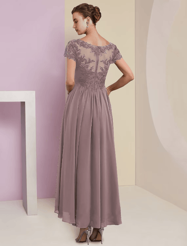 Zweiteiliges A-Linien-Kleid für die Mutter der Braut, formelle Hochzeitsgäste, eleganter V-Ausschnitt, knielang, Spitze, kurze Ärmel, Wickelkleid inklusive, mit Faltenapplikationen