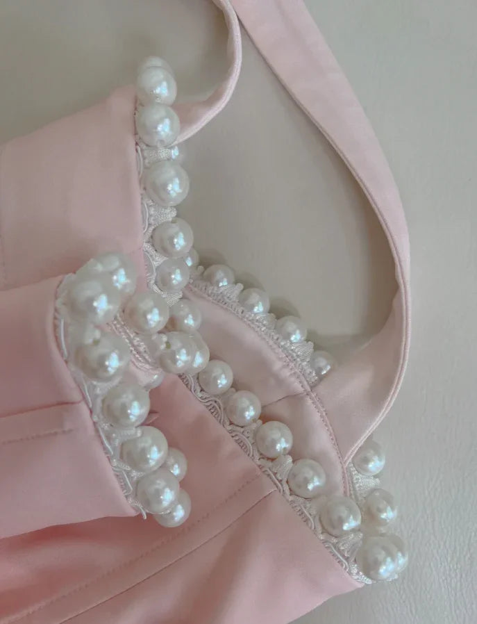 Einfaches Homecoming-/Partykleid mit Halter, rosa Tüll, Perlenbesatz, High-Low-Rüschen Y8582