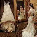 Lindo vestido de noiva comprido vintage, transparente, com decote em V e renda branca, estilo sereia, DB096