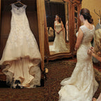 Lindo vestido de noiva comprido vintage, transparente, com decote em V e renda branca, estilo sereia, DB096
