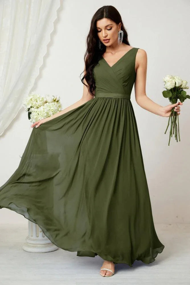 Vestido de dama de honor largo de gasa para mujer, línea A sin mangas, vestido formal de baile de graduación para fiesta nocturna, vestido de regreso a casa 2808