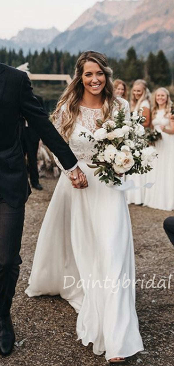 Elegantes U-Ausschnitt-Tüll-Spitze-Zweiteiler-Vatage-Brautkleid mit langen Ärmeln.DB10407