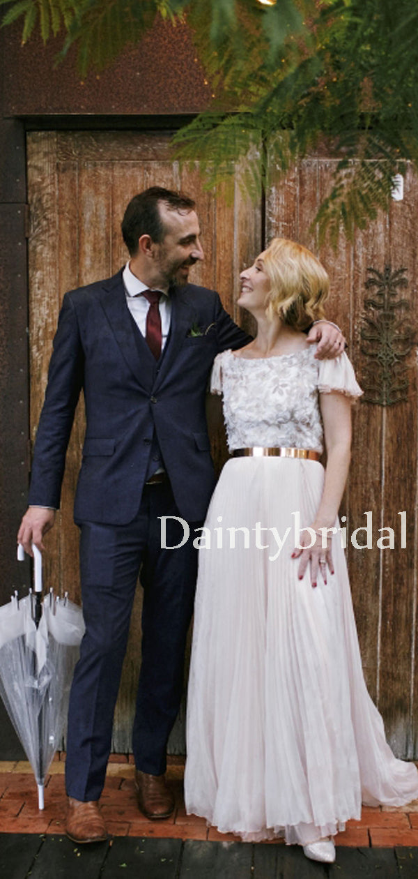 Gogerous Scoop Neck Chiffon V-back With Appliques Long Wedding Dresses.DB10642