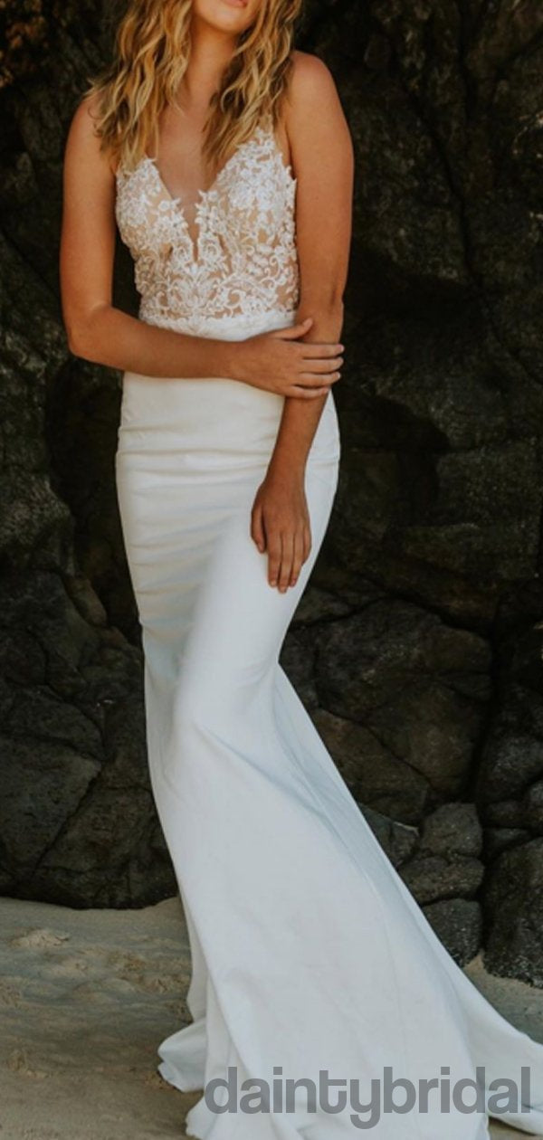 Vestidos de noiva sensuais sereia com decote em V e costas abertas, DB10257