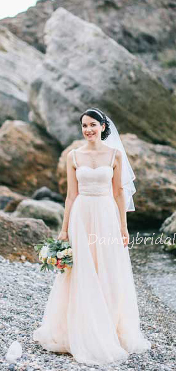 Vestidos de noiva compridos em tule com alças finas e corte A, acessíveis. DB10622