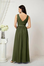 Abito da Sera Donna in Chiffon Lungo per Damigelle, Scollato, Senza Maniche, Linea A, per Feste Serali, Ballo di Fine Anno e Homecoming, Modello 2808