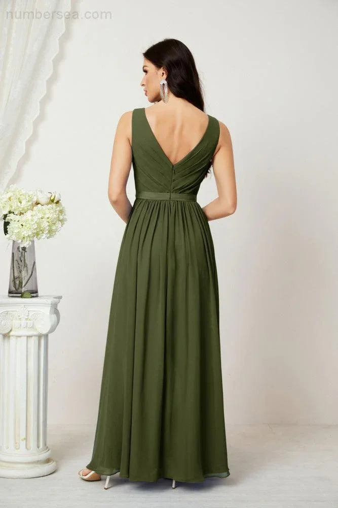 Abito da Sera Donna in Chiffon Lungo per Damigelle, Scollato, Senza Maniche, Linea A, per Feste Serali, Ballo di Fine Anno e Homecoming, Modello 2808
