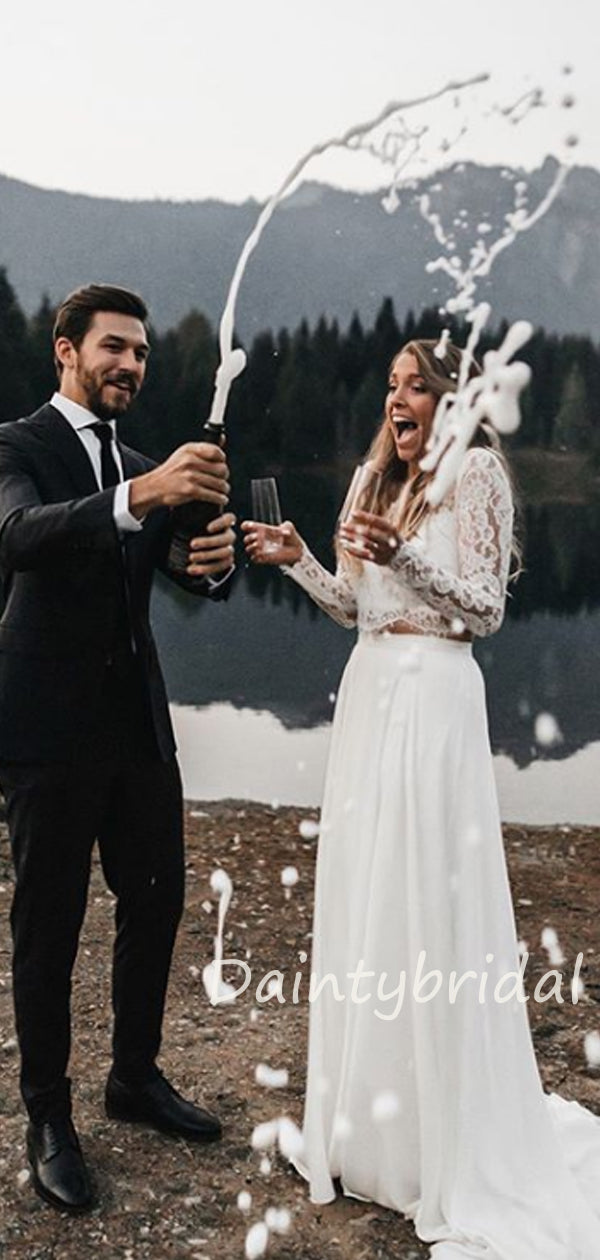 Elegantes U-Ausschnitt-Tüll-Spitze-Zweiteiler-Vatage-Brautkleid mit langen Ärmeln.DB10407