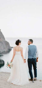 Vestidos de noiva compridos em tule com alças finas e corte A, acessíveis. DB10622