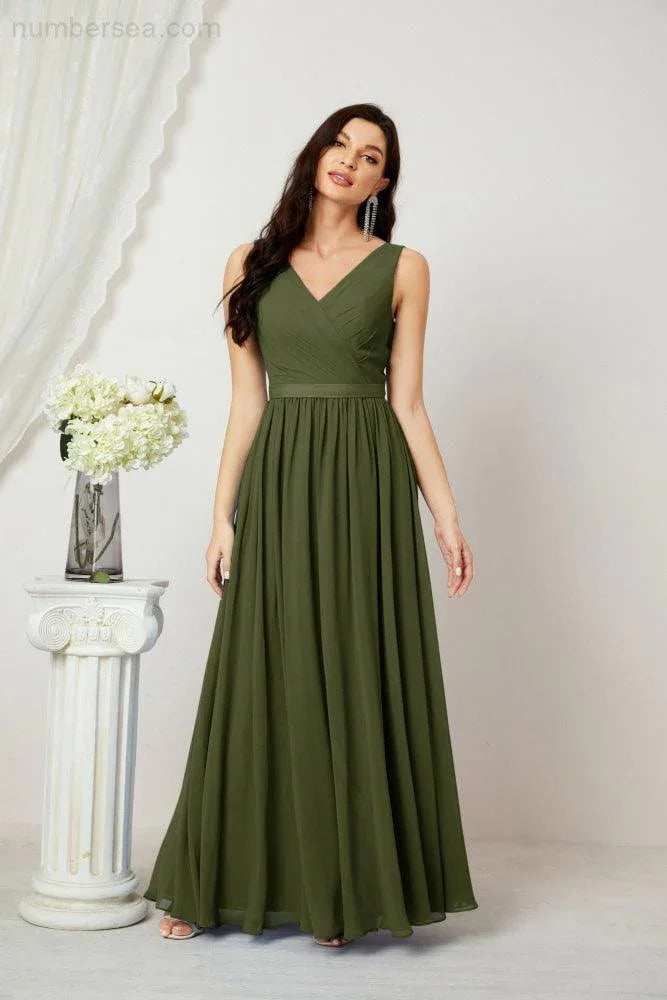 Abito da Sera Donna in Chiffon Lungo per Damigelle, Scollato, Senza Maniche, Linea A, per Feste Serali, Ballo di Fine Anno e Homecoming, Modello 2808