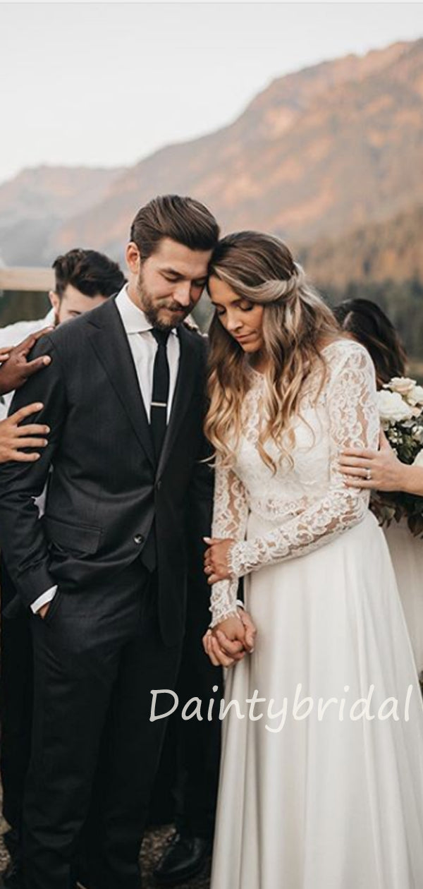 Elegantes U-Ausschnitt-Tüll-Spitze-Zweiteiler-Vatage-Brautkleid mit langen Ärmeln.DB10407