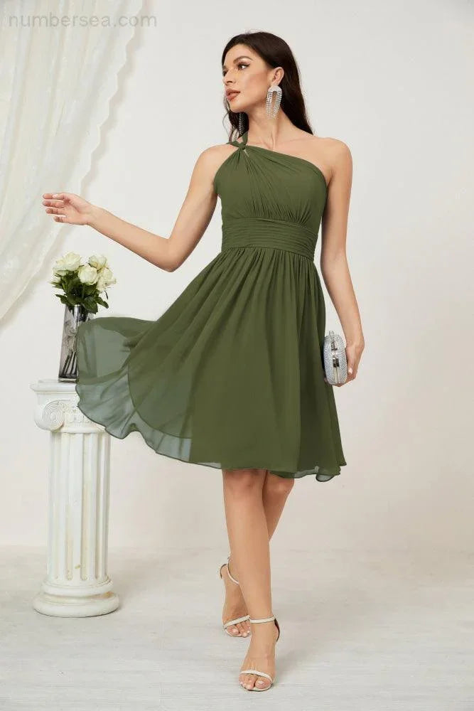 Vestido de dama de honor corto de chiffon de un hombro Numbersea para mujer Vestidos formales para fiesta y regreso a casa 2804