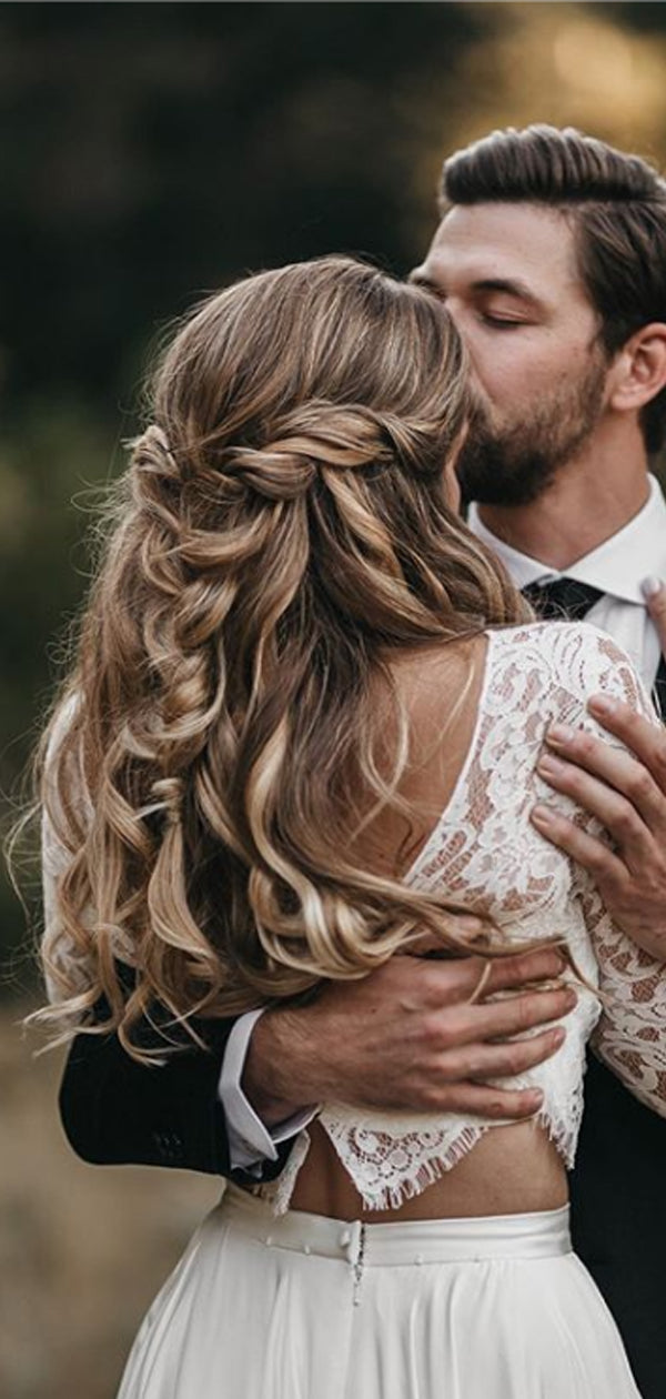 Elegant Scoop Neck Tulle Lace Two Piece Long Sleeves Vatage Wedding Dresses.DB10407